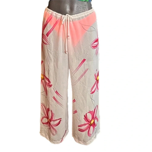 FLORAL Sheer Loose Flowy Beach Pants - White Tie Up Waist Lightweight SIZE S - Picture 1 of 6